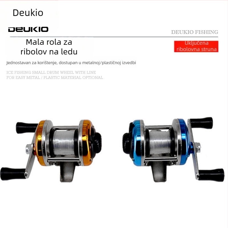 DEUKIO Mini kolut za ledeno pecanje – kompaktni bubnjasti kolut s dvostrukom ručkom, metalnim kućištem i navijačem za najlon