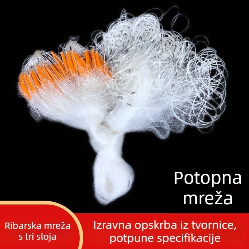 Trostruka mreža za ribolov visine 1,3 m, gornji plutajući dio i donji potopljeni dio
