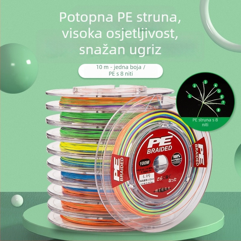8-slojna PE pletena ribolovna linija, 10 m, šarena, otporna na ugriz i abraziju