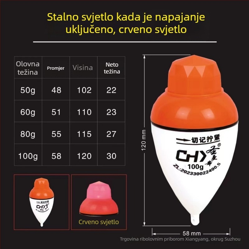 Elektronički plutač za ribolov sa zelenim LED svjetlom, 12 s tajmer, težine 50–100 g, detekcija ugriza