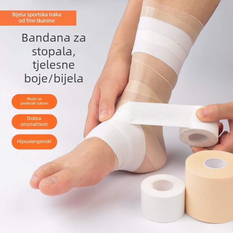 Gležnja zaštita za košarku od bijele pamukaste tkanine sa nazubljenim rubom, bijelom trakom i elastičnim zavojem za fiksiranje stopala