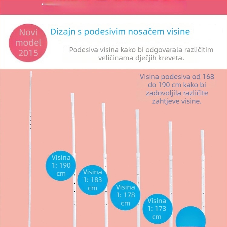 Podna mreža za zaštitu od komaraca za dječji krevetić, teleskopska i podesiva osnova, četiri razine podešavanja, bijela