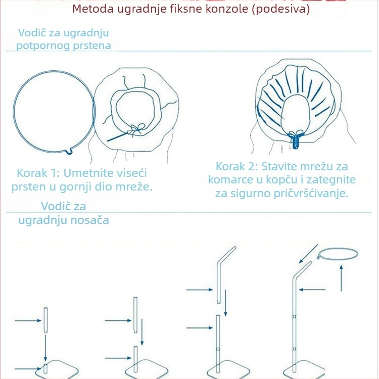 Podna mreža za zaštitu od komaraca za dječji krevetić, teleskopska i podesiva osnova, četiri razine podešavanja, bijela