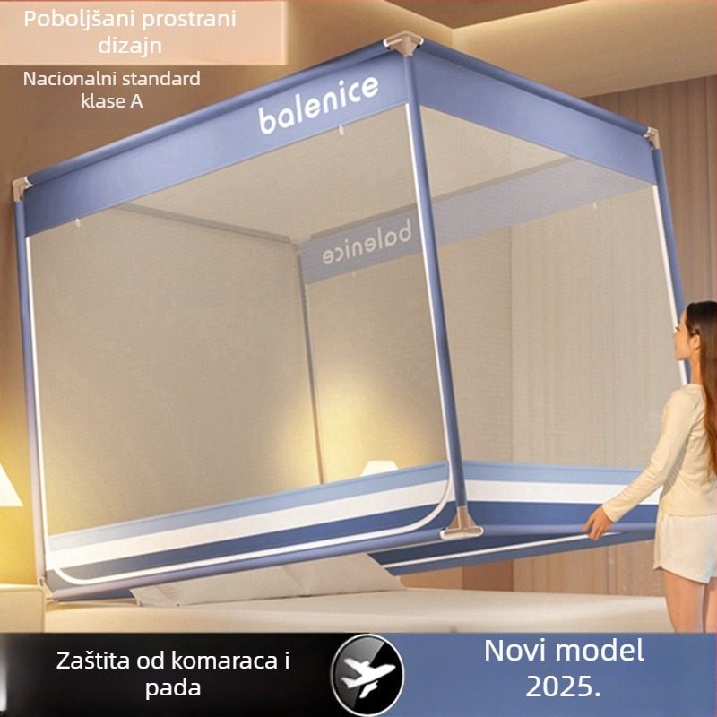Mreža protiv komaraca za dječji krevetić, s punim pokrivenjem i zaštitom od pada, sklopiva, s tri vrata