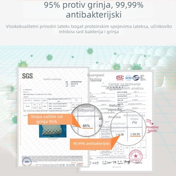 Lateksni jastuk, visina 10–15 cm, kvadratnog oblika, prirodni lateks, navlaka od pamuka, sadržaj lateksa 90%+, antigrinje, minimalistički dizajn, pogodan za odrasle, dom i studentski dom