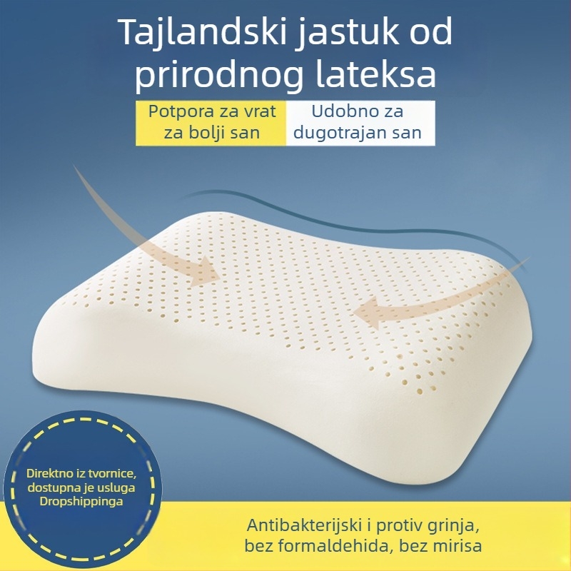 Lateksni jastuk, visina 10–15 cm, kvadratnog oblika, prirodni lateks, navlaka od pamuka, sadržaj lateksa 90%+, antigrinje, minimalistički dizajn, pogodan za odrasle, dom i studentski dom