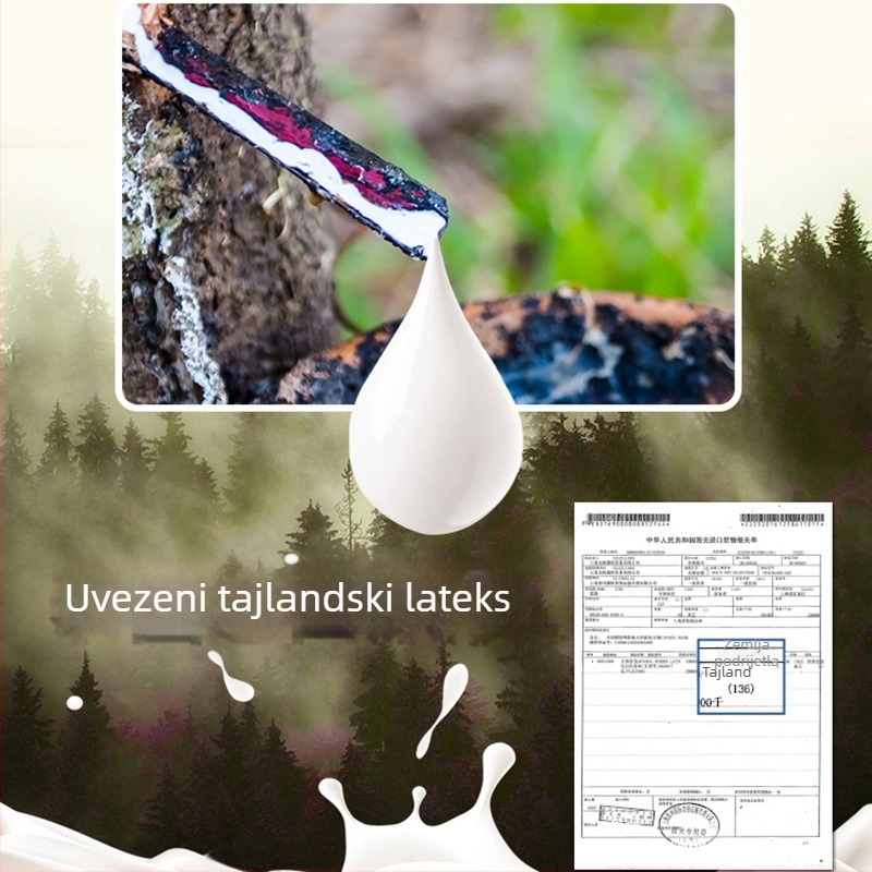 Lateksni jastuk, visina 10–15 cm, kvadratnog oblika, prirodni lateks, navlaka od pamuka, sadržaj lateksa 90%+, antigrinje, minimalistički dizajn, pogodan za odrasle, dom i studentski dom