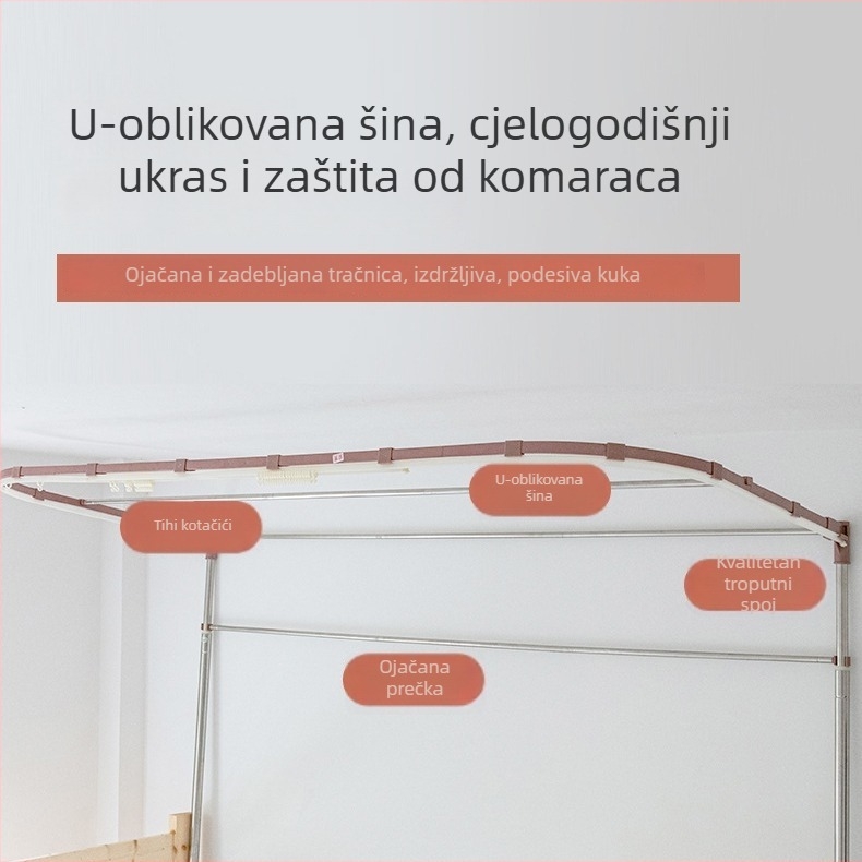 Aluminijski okvir za mrežu protiv komaraca s vodilicom za katove kreveta, internat, montaža bez bušenja, čvrst U-oblik nosača