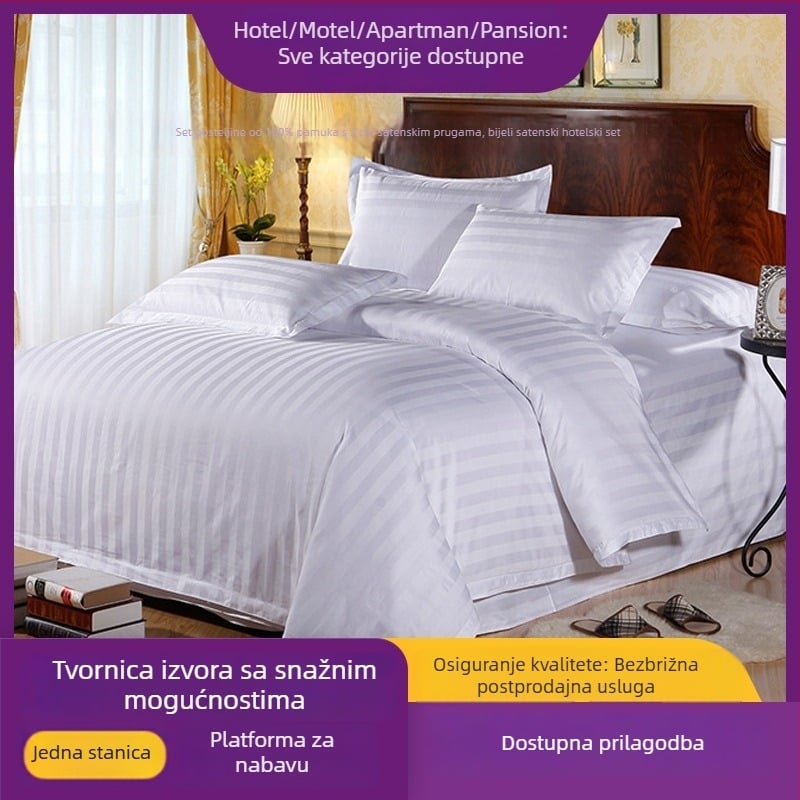 Hotelski stil četverodijelni set posteljine od 100% pamuka, 40-nitni broj niti, 3 cm satenska traka, bijeli satin, za dvokrevetni krevet