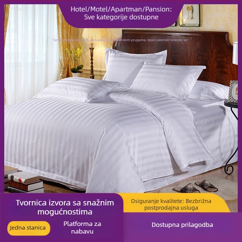 Hotelski stil četverodijelni set posteljine od 100% pamuka, 40-nitni broj niti, 3 cm satenska traka, bijeli satin, za dvokrevetni krevet