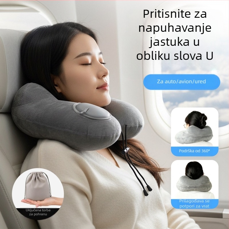 Naduvajuća U-oblikovana jastučnica za putovanje — prenosiva za auto i avion, podrška vratu