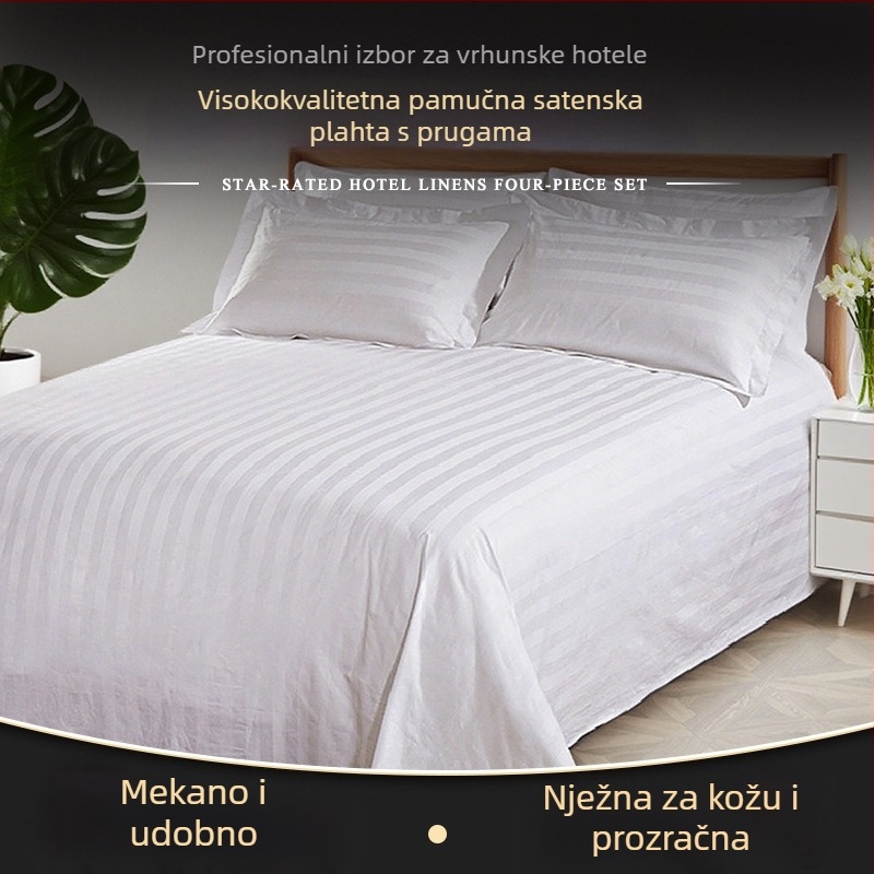 Bijele posteljine od 100% pamuka za hotele i sobe za goste, s 3 cm satenskim trakama, gusto tkane i debeli