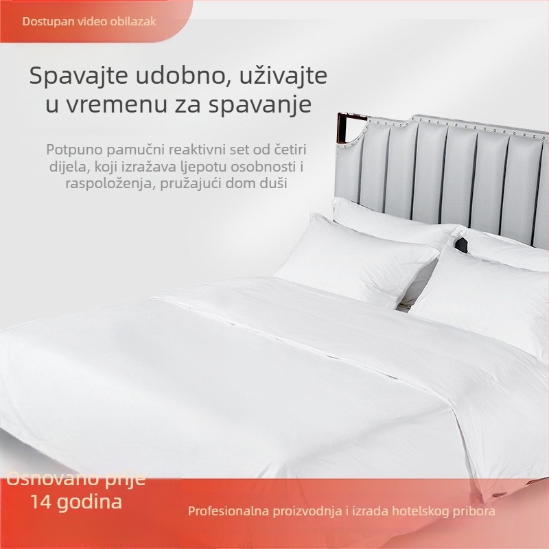 Hotelski četverodjelni set posteljine, 60 niti pamuka, bijeli saten, navlaka za pokrivač i navlake za jastuke, pet zvjezdni stil