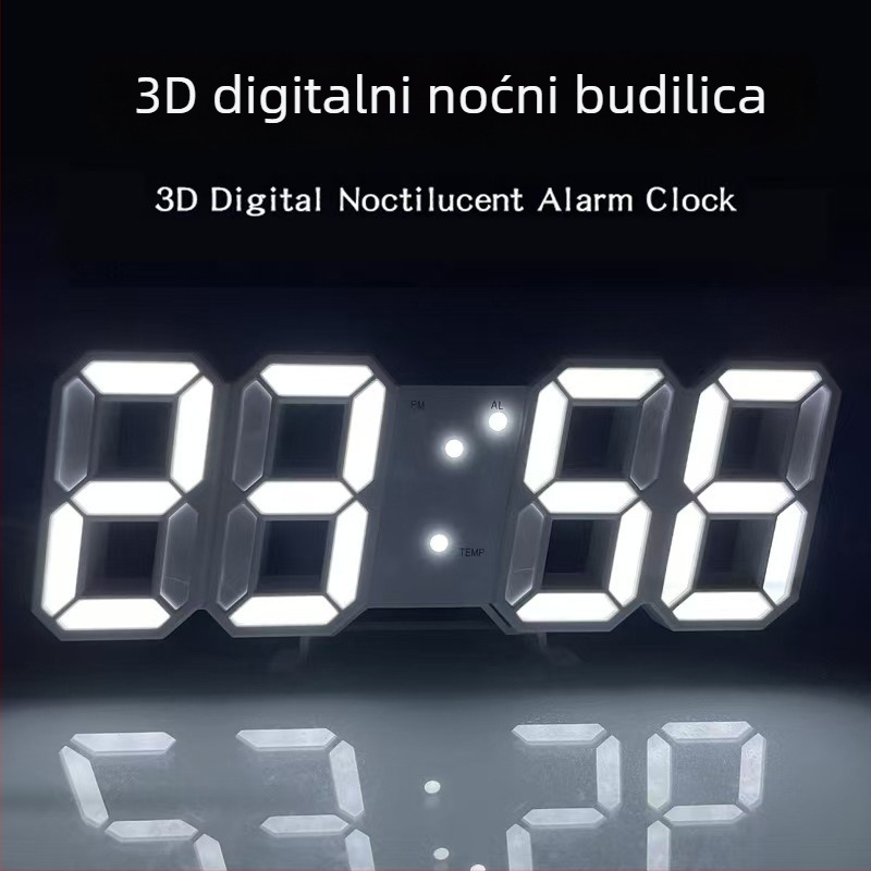 Pametni 3D digitalni budilnik s LED zaslonom, zidni sat, prikaz temperature, velik modern dizajn