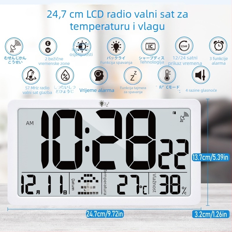 Digitalni zidni sat s velikim brojevima i pozadinskim osvjetljenjem, baterijsko napajanje, temperatura, vlaga, vrijeme i dan u tjednu