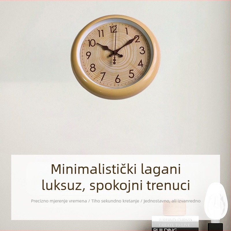 Minimalistički zidni sat s drvenom teksturom, za dnevni boravak i ured, tih rad, montaža bez bušenja