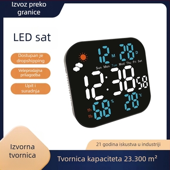Zidni sat s vremenskom prognozom, digitalnom temperaturom i vlagom, LED zaslon, alarm, kalendar, prikaz dana, tjedna i mjeseca