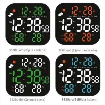 Zidni sat s vremenskom prognozom, digitalnom temperaturom i vlagom, LED zaslon, alarm, kalendar, prikaz dana, tjedna i mjeseca