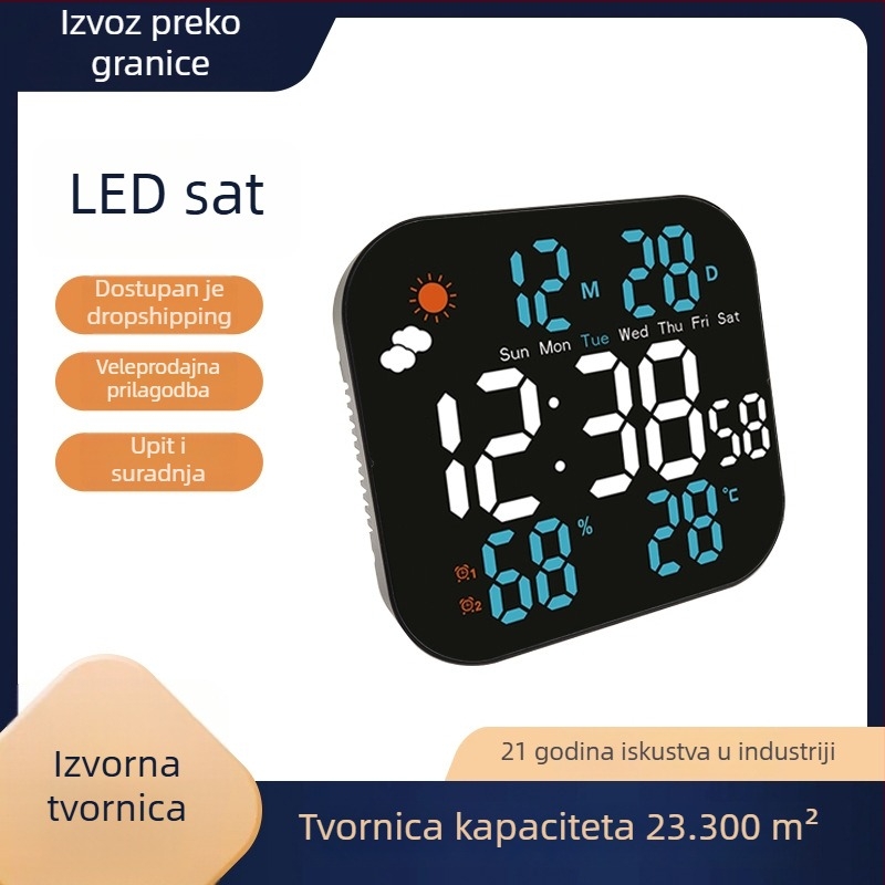 Zidni sat s vremenskom prognozom, digitalnom temperaturom i vlagom, LED zaslon, alarm, kalendar, prikaz dana, tjedna i mjeseca