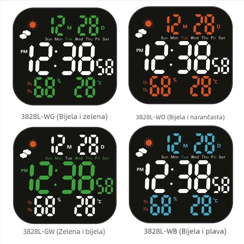 Zidni sat s vremenskom prognozom, digitalnom temperaturom i vlagom, LED zaslon, alarm, kalendar, prikaz dana, tjedna i mjeseca