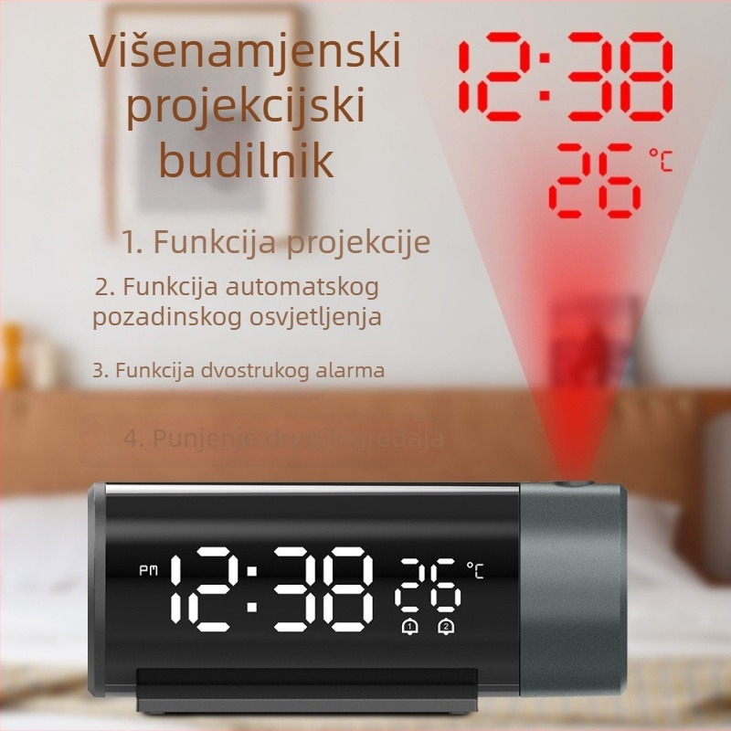 Projekcijski sat s USB punjenjem, termometrom, prikazom dvaju vremena, moderan minimalistički dizajn za kućnu upotrebu