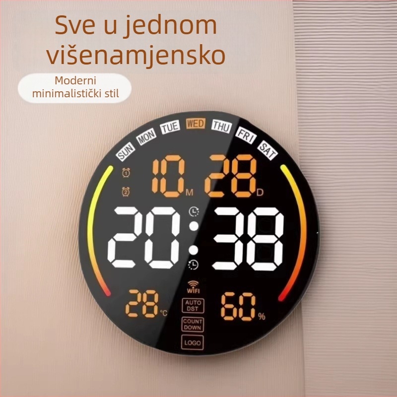 Nothing 8802 LED zidni sat s velikim zaslonom – kružni dnevni boravak sat, termometar, kalendar, alarma i ambijentalno svjetlo