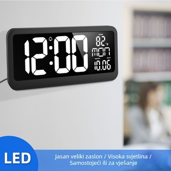 LED XXL zidni sat s termometrom, vječnim kalendarom i budilicom – 24-satni prikaz za dnevnu sobu