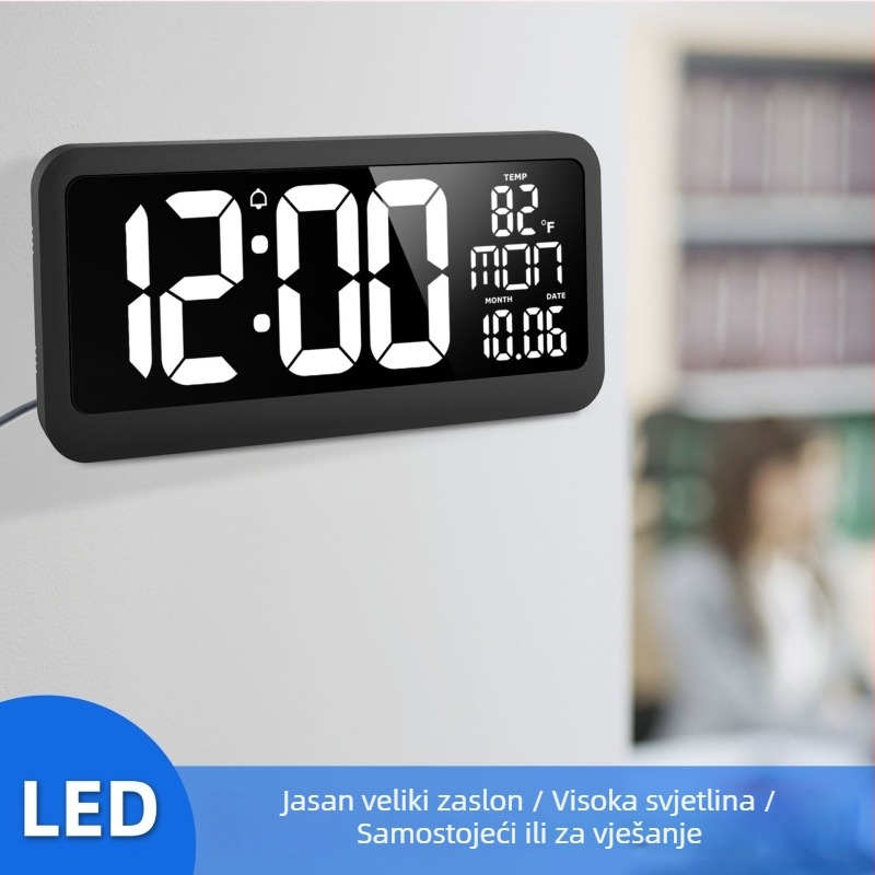 LED XXL zidni sat s termometrom, vječnim kalendarom i budilicom – 24-satni prikaz za dnevnu sobu