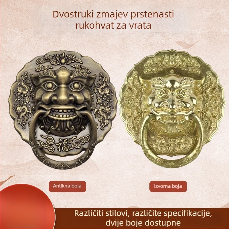 Antička bakrena kvaka za vrata i ladicu s dvije glavama zmaja, glavom lava i glavom tigra