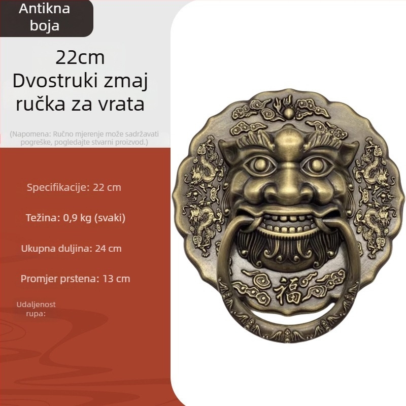 Antička bakrena kvaka za vrata i ladicu s dvije glavama zmaja, glavom lava i glavom tigra