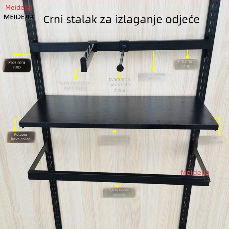 Zidni stalak za izlaganje odjeće s debelim i širim AA stupovima, dvorednim nosačima i uspravnim vertikalnim okvirima u stilu ljestve, crno-bijela.