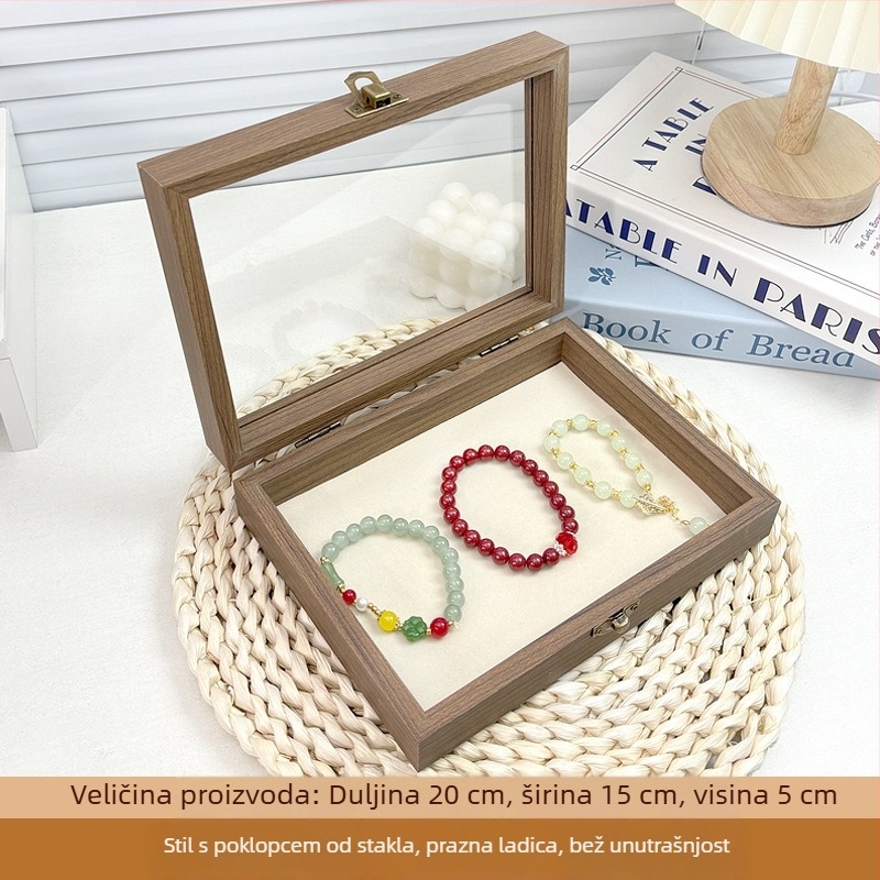 Kutija za nakit s uzorkom orahovog drveta i preklopnim poklopom, otporna na prašinu, vrhunska i elegantna, za prstenje i naušnice, retro stolna izložbeni kutija