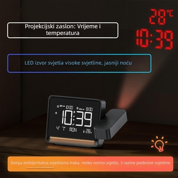 Projekcijski sat s Bluetooth sinkronizacijom vremena, ambijentalno noćno svjetlo, dvostruki alarm, podesivo fokusiranje projekcije, prikaz vremena i temperature