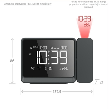 Projekcijski sat s Bluetooth sinkronizacijom vremena, ambijentalno noćno svjetlo, dvostruki alarm, podesivo fokusiranje projekcije, prikaz vremena i temperature