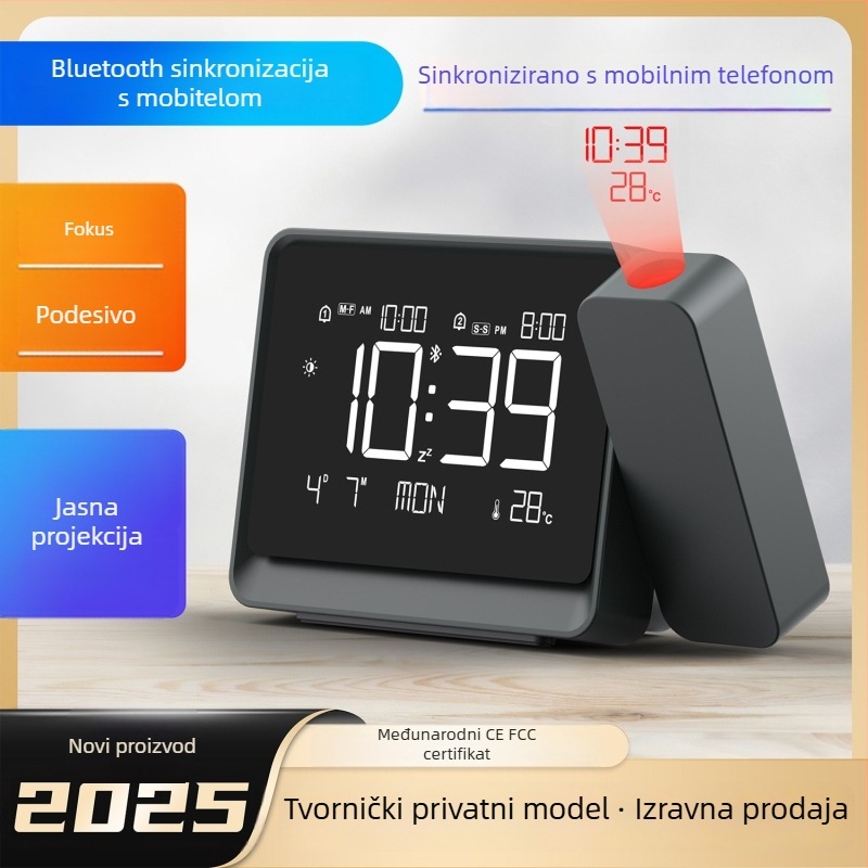 Projekcijski sat s Bluetooth sinkronizacijom vremena, ambijentalno noćno svjetlo, dvostruki alarm, podesivo fokusiranje projekcije, prikaz vremena i temperature