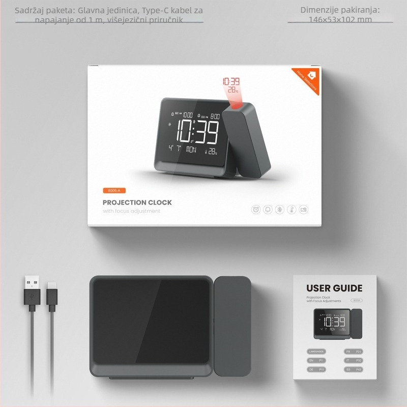 Projekcijski sat s Bluetooth sinkronizacijom vremena, ambijentalno noćno svjetlo, dvostruki alarm, podesivo fokusiranje projekcije, prikaz vremena i temperature