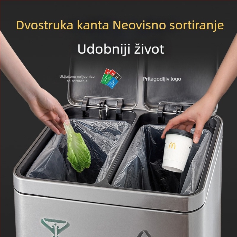 Dvostruki koš od nehrđajućeg čelika s pedalom i poklopcem, odvajanje suho/mokra, za kuhinju i dnevni boravak, komercijalna uporaba