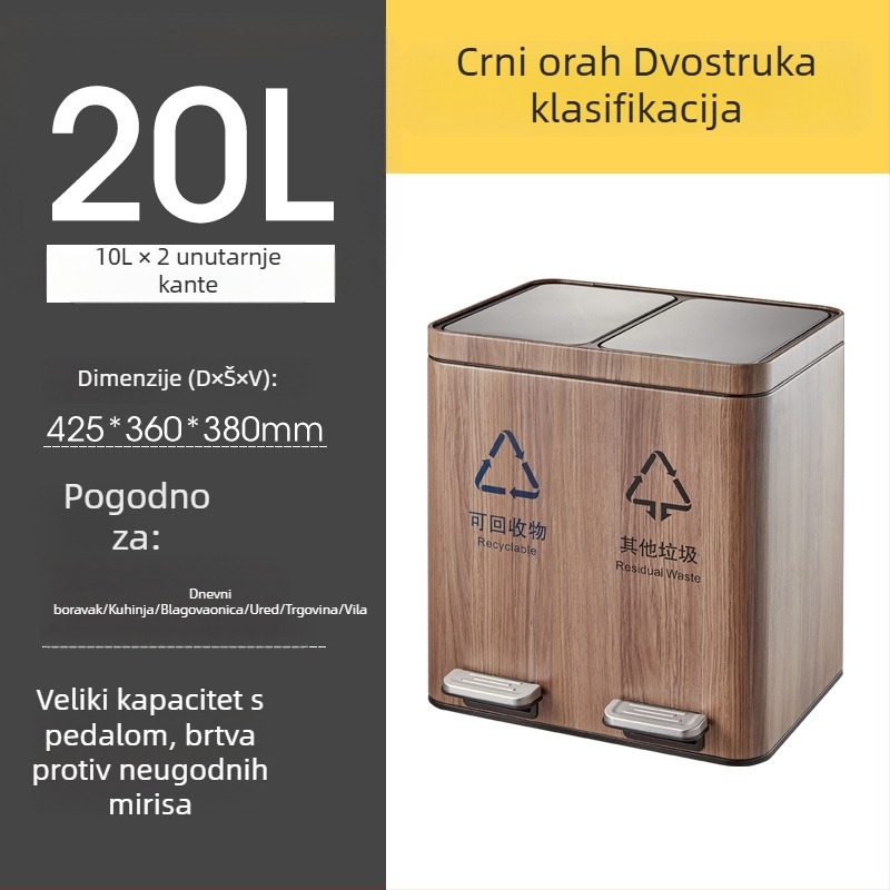 Dvostruki koš od nehrđajućeg čelika s pedalom i poklopcem, odvajanje suho/mokra, za kuhinju i dnevni boravak, komercijalna uporaba