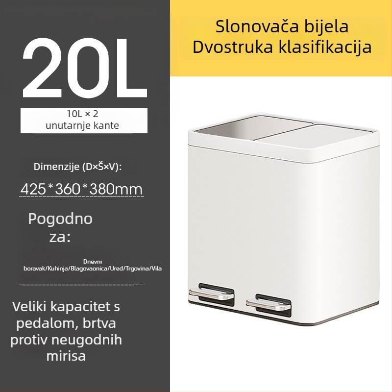 Dvostruki koš od nehrđajućeg čelika s pedalom i poklopcem, odvajanje suho/mokra, za kuhinju i dnevni boravak, komercijalna uporaba