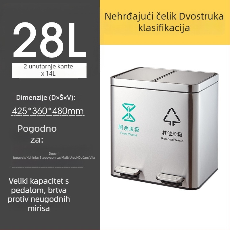 Dvostruki koš od nehrđajućeg čelika s pedalom i poklopcem, odvajanje suho/mokra, za kuhinju i dnevni boravak, komercijalna uporaba
