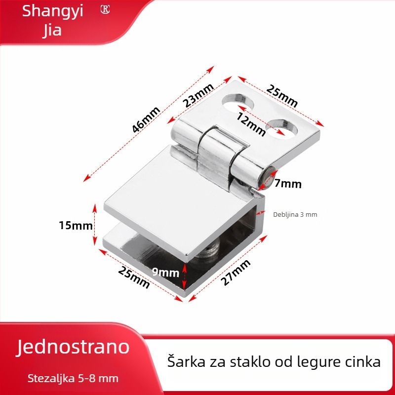 Staklena šarka bez rupa, od cinkovog legura i bakra, bez okvira; za vinsku ormarić, knjižnicu, staklena vrata za tuš i vitrinu