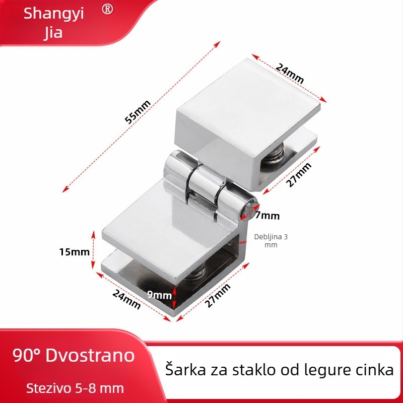 Staklena šarka bez rupa, od cinkovog legura i bakra, bez okvira; za vinsku ormarić, knjižnicu, staklena vrata za tuš i vitrinu