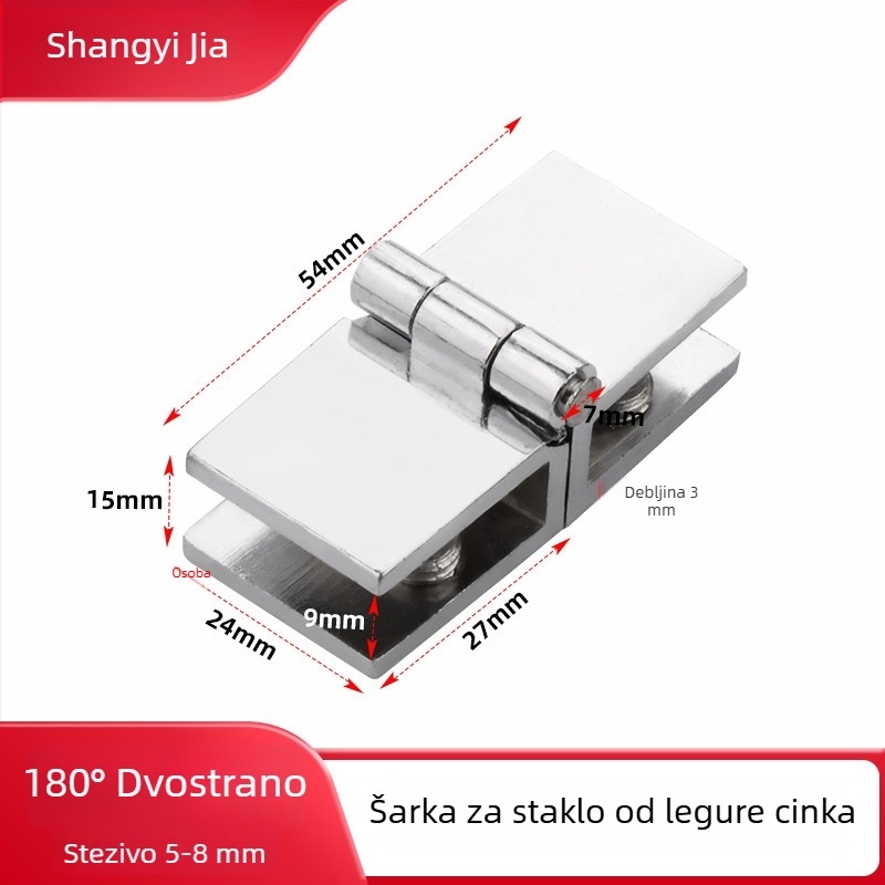 Staklena šarka bez rupa, od cinkovog legura i bakra, bez okvira; za vinsku ormarić, knjižnicu, staklena vrata za tuš i vitrinu