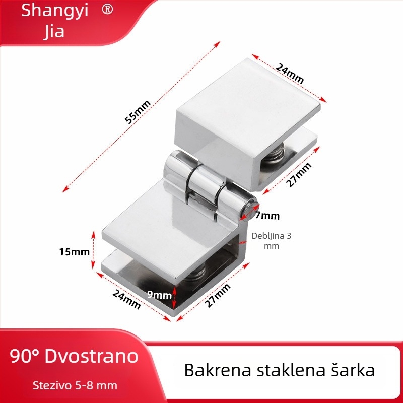 Staklena šarka bez rupa, od cinkovog legura i bakra, bez okvira; za vinsku ormarić, knjižnicu, staklena vrata za tuš i vitrinu