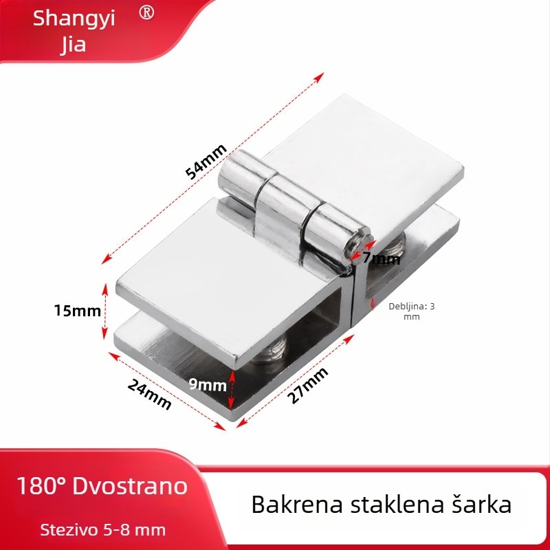 Staklena šarka bez rupa, od cinkovog legura i bakra, bez okvira; za vinsku ormarić, knjižnicu, staklena vrata za tuš i vitrinu