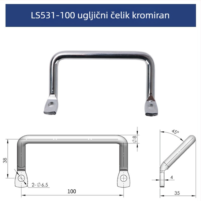 LS531 U‑oblik ručka, plosnata, kromirana od 304 nehrđajućeg čelika, ET‑35100W – nagnuta industrijska ručka za šasiju
