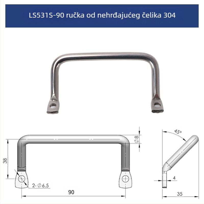 LS531 U‑oblik ručka, plosnata, kromirana od 304 nehrđajućeg čelika, ET‑35100W – nagnuta industrijska ručka za šasiju