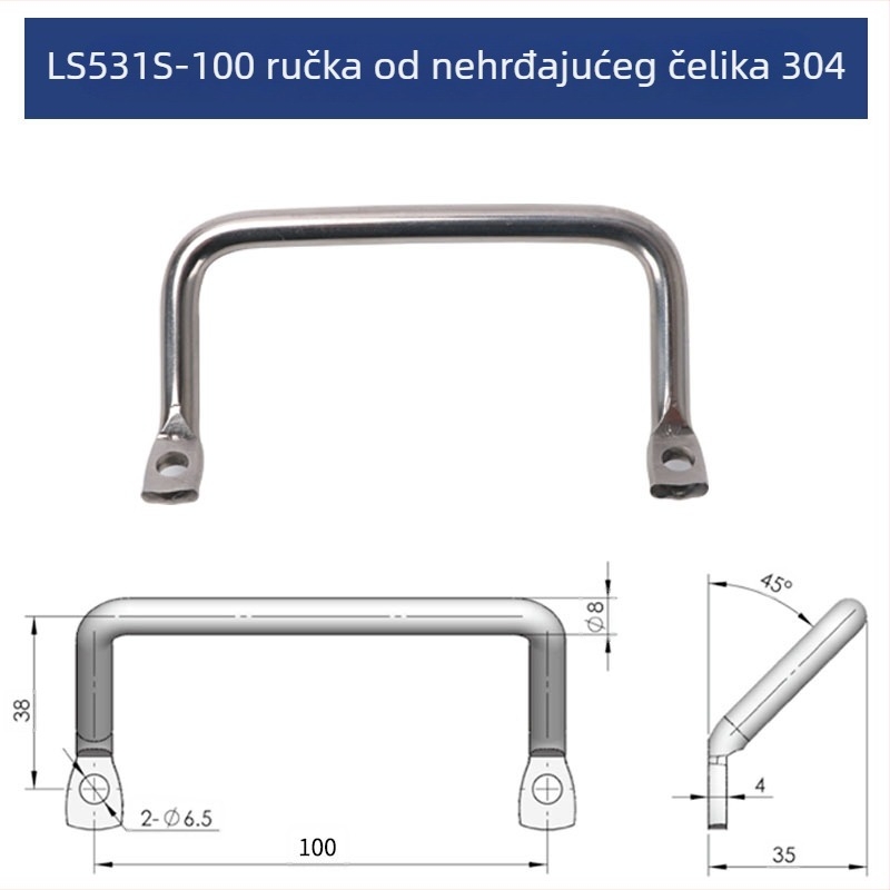 LS531 U‑oblik ručka, plosnata, kromirana od 304 nehrđajućeg čelika, ET‑35100W – nagnuta industrijska ručka za šasiju
