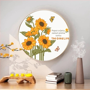 Set za križićnu izvezu — moderan minimalistički dizajn s cvijećem, travom i lišćem, bijeli 11 CT Aida platno, za dnevni boravak, spavaću sobu ili restoran, dizajn Growing Toward the Sun