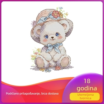 Set za križno šivanje: medvjed s cvjetnim slamnatom šeširom za ukrašavanje dnevnog boravka, DIY vezenje, 11 ct pamuk